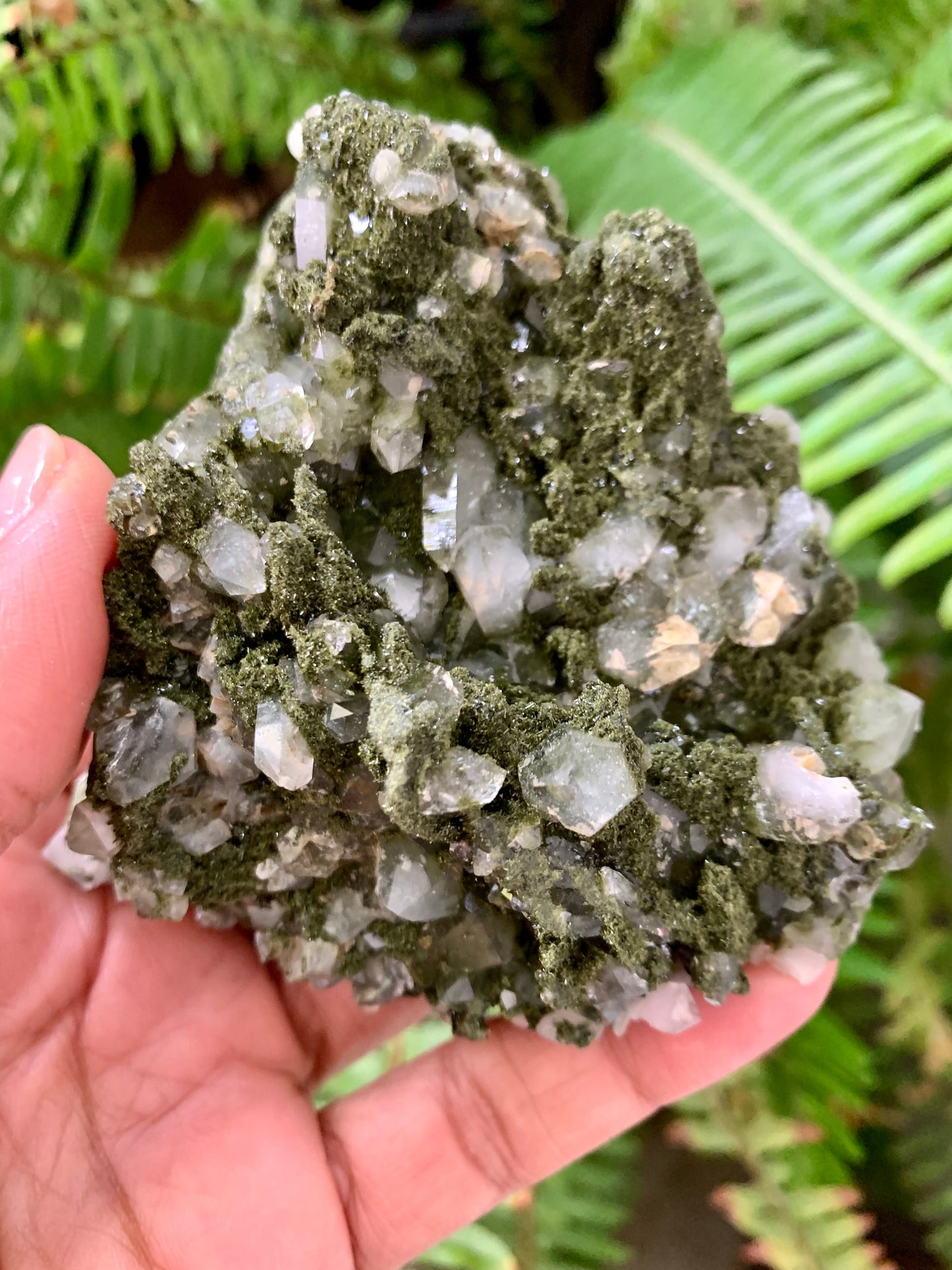 Mystical Epidote in Quartz Cluster